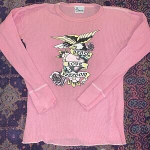 VINTAGE 90's ANKH PINK THERMAL TOP-XS-Peace Love Freedom Tattoo Biker